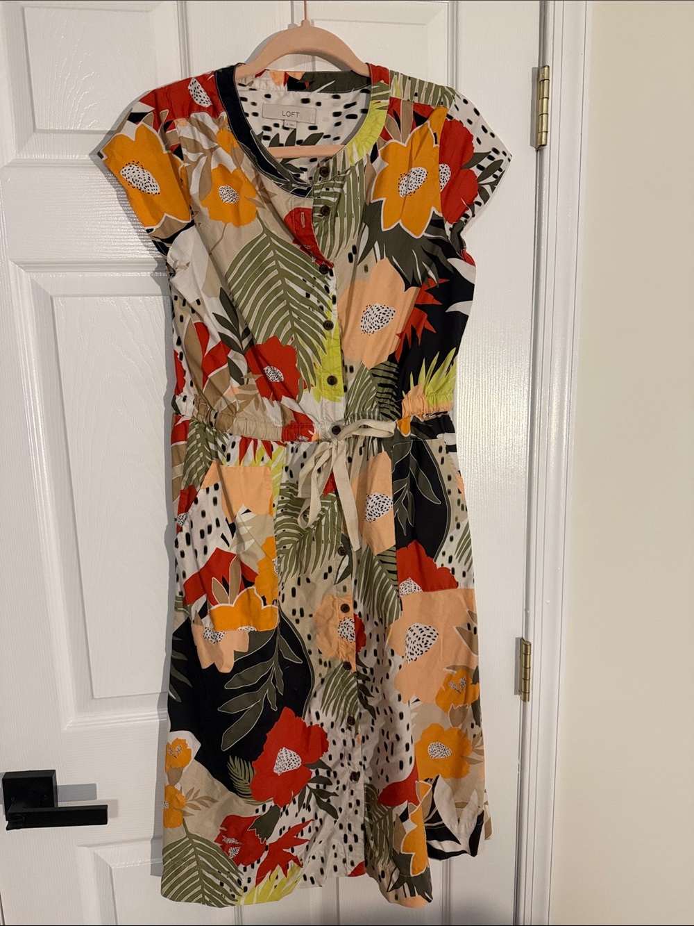 LOFT Floral Midi Dress in Red, Yellow, Black & Green